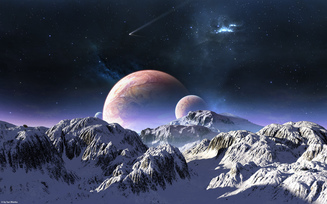 3D, terraspace, небо, комета, снег, звезды, горы, планеты
