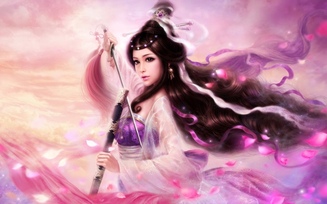 Арт, девушка, лепестки, волосы, прическа, меч, ruoxing zhang