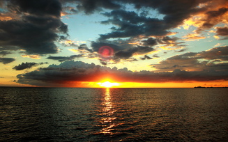 закат, море, вечер, вода, облака, солнце, небо, горизонт